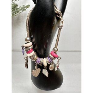 Silver Charm Bracelet Pink Purple Accents Heart Bag Pendants Design Womens